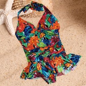 Chaps Tropical Floral Print 1-Piece Swimsuit with Attached Skirt - Sz 8